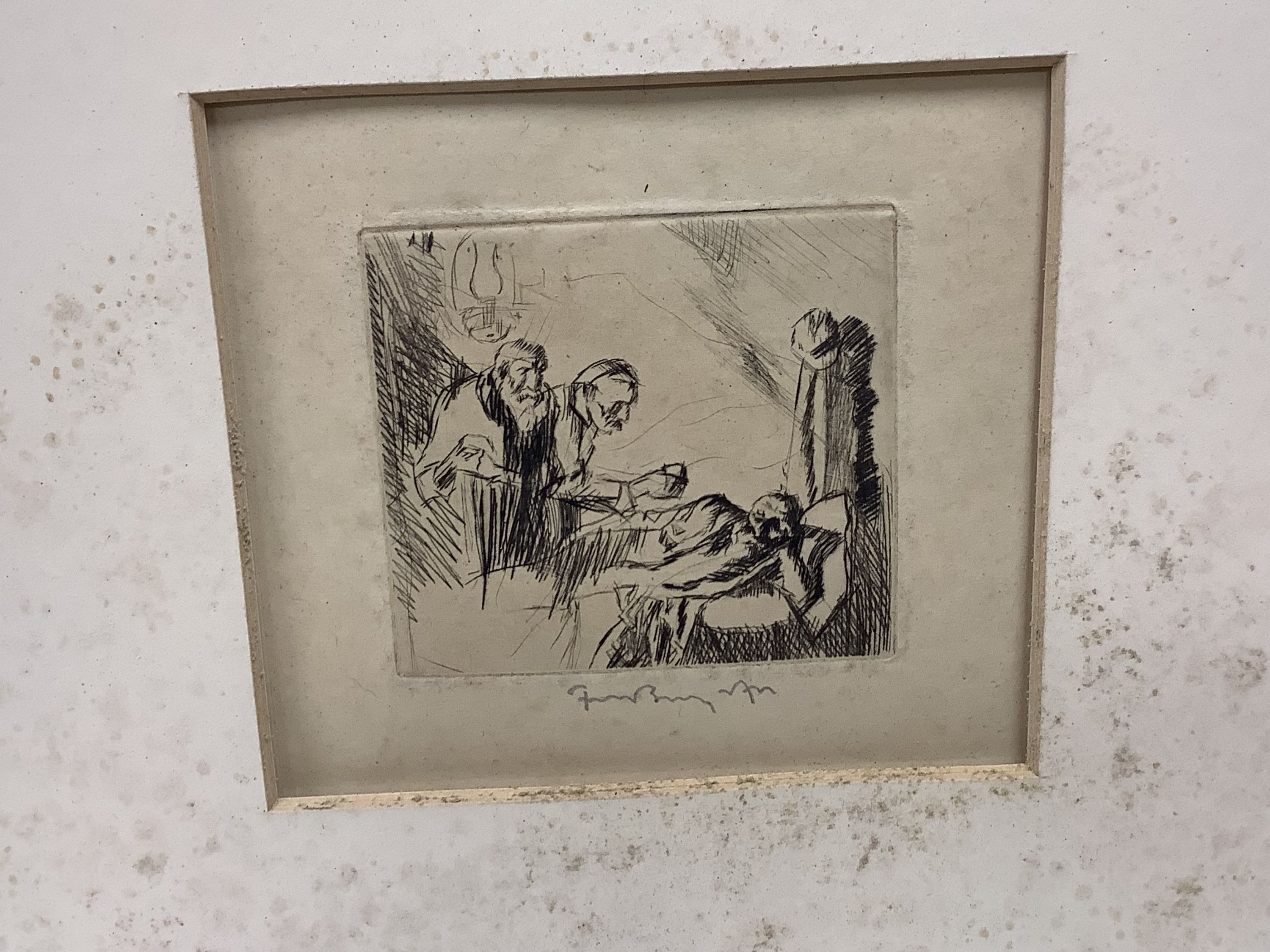 Frank Brangwyn, a collection of eight assorted prints and books; unsigned lithograph, Figures with bridge beyond, 30 x 22cm; etching, Physicians at the bedside, signed in pencil